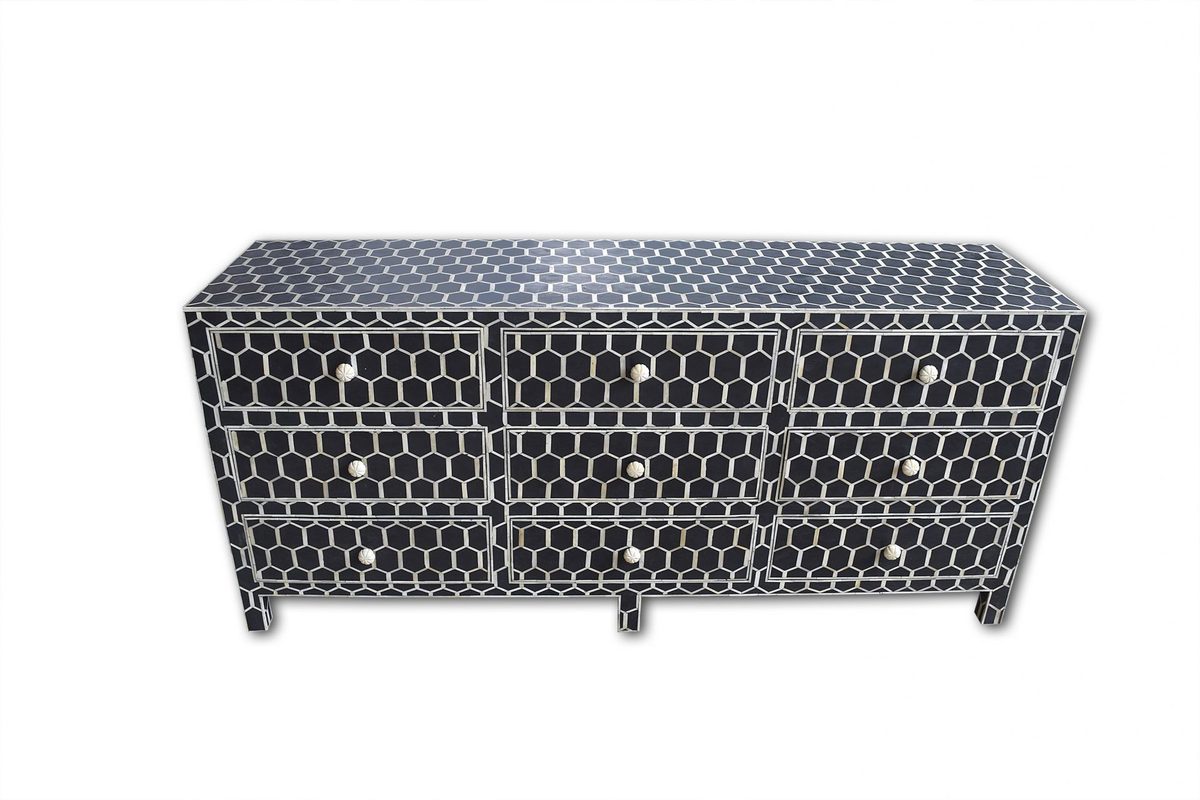 Bone Inlay Chest of 9 Drawers Honeycomb Design in Black Col thumbnail 2