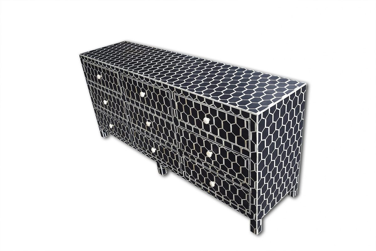 Bone Inlay Chest of 9 Drawers Honeycomb Design in Black Col thumbnail 3