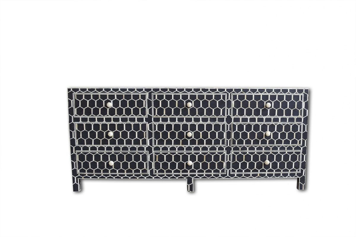 Bone Inlay Chest of 9 Drawers Honeycomb Design in Black Col thumbnail 4