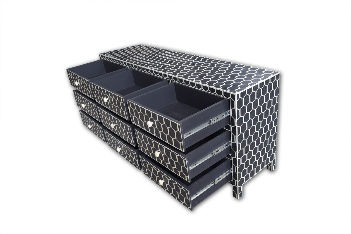 Bone Inlay Chest of 9 Drawers Honeycomb Design in Black Col thumbnail 5