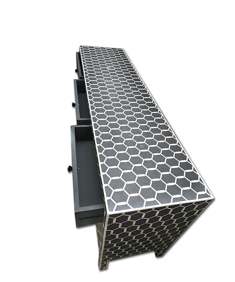 Bone Inlay Chest of 9 Drawers Honeycomb Design in Black Col thumbnail 6