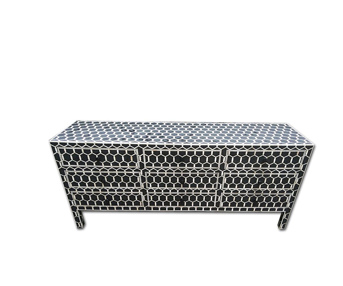 Bone Inlay Chest of 9 Drawers Honeycomb Design in Black Col thumbnail 7