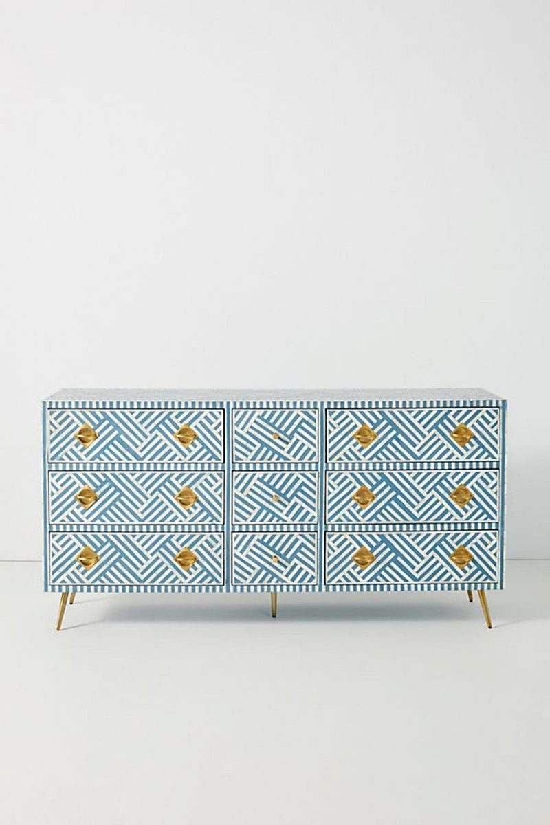 Bone Inlay Optical Inlay Chest of 9 Drawers in Sky Blue
