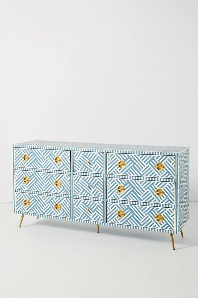 Bone Inlay Optical Inlay Chest of 9 Drawers in Sky Blue thumbnail 2