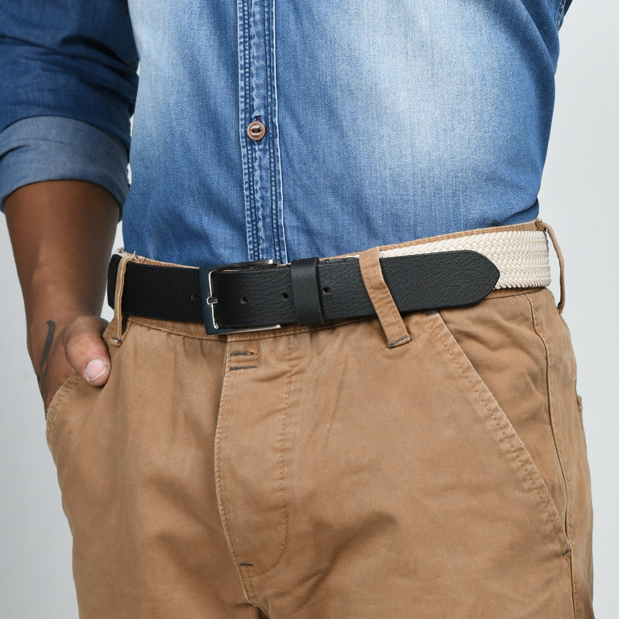 Cream & Black Braided Canvas Leather Belt thumbnail 30