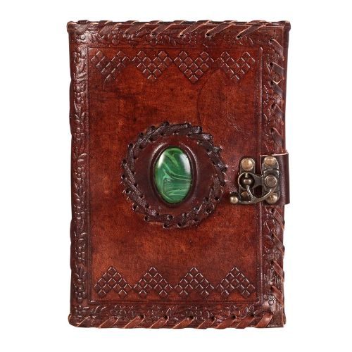 IndiFash - Leather Diary with Antique Green Stone Handmade Leather Bound Diary for Men and Women Unlined 5×7 inches Size 200 Pages Travel Diary with Antique Lock Best Choice of Gift for Raksha Bandhan Day (Green Stone)