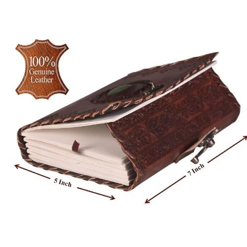 IndiFash - Leather Diary with Antique Green Stone Handmade Leather Bound Diary for Men and Women Unlined 5×7 inches Size 200 Pages Travel Diary with Antique Lock Best Choice of Gift for Raksha Bandhan Day (Green Stone) thumbnail 2
