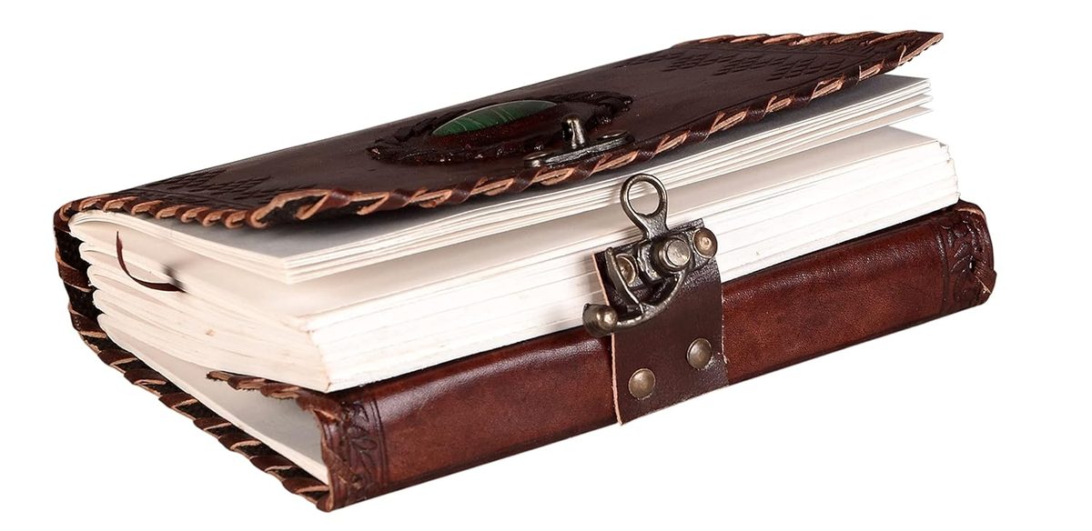 IndiFash - Leather Diary with Antique Green Stone Handmade Leather Bound Diary for Men and Women Unlined 5×7 inches Size 200 Pages Travel Diary with Antique Lock Best Choice of Gift for Raksha Bandhan Day (Green Stone) thumbnail 3