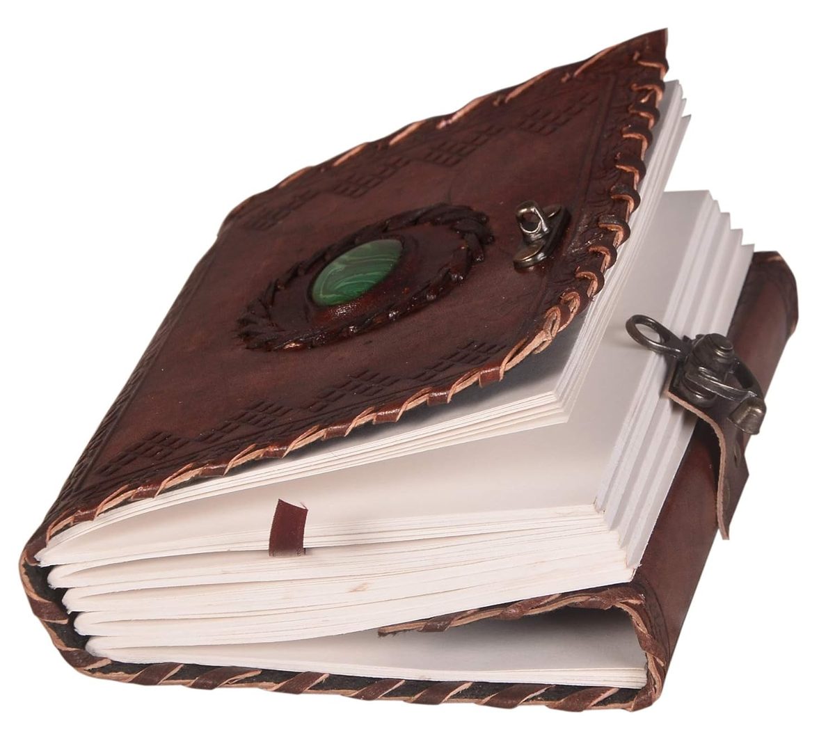 IndiFash - Leather Diary with Antique Green Stone Handmade Leather Bound Diary for Men and Women Unlined 5×7 inches Size 200 Pages Travel Diary with Antique Lock Best Choice of Gift for Raksha Bandhan Day (Green Stone) thumbnail 4