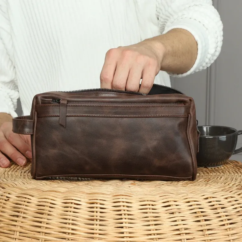 Brown Mens Toiletry Bag, Kit, Custom Wedding Gift, Leather Travel Case, Leather Toiletry Bag, Monogram Dopp Kit, Gifts for Husband thumbnail 2