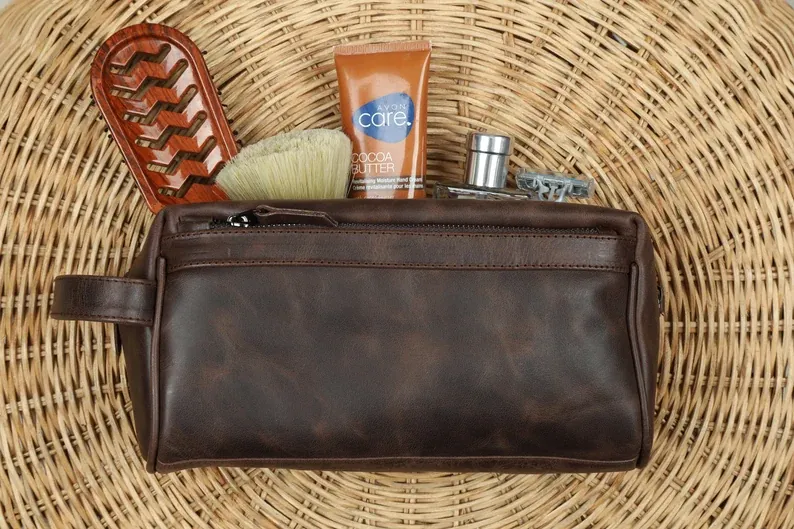 Brown Mens Toiletry Bag, Kit, Custom Wedding Gift, Leather Travel Case, Leather Toiletry Bag, Monogram Dopp Kit, Gifts for Husband thumbnail 3