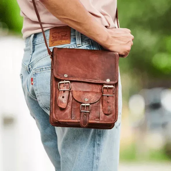 IndiFash - 9*11″ front pocket Handcrafted Canvas+ Goat Leather Sling Bag | 100% Genuine Leather