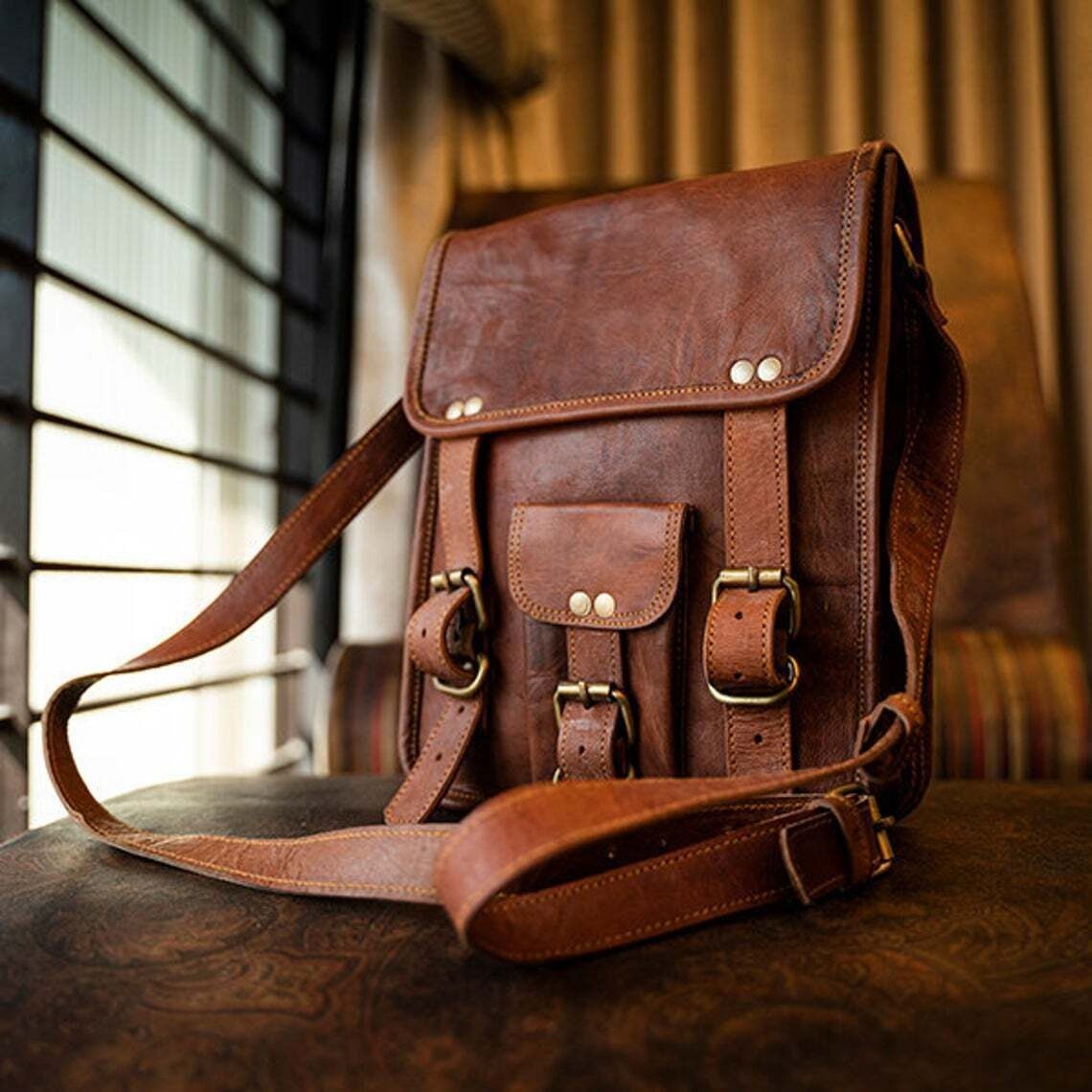 IndiFash - 9*11″ front pocket Handcrafted Canvas+ Goat Leather Sling Bag | 100% Genuine Leather thumbnail 3