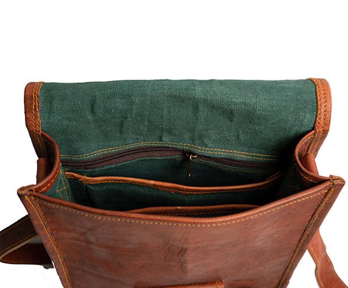 IndiFash - 9*11″ front pocket Handcrafted Canvas+ Goat Leather Sling Bag | 100% Genuine Leather thumbnail 4