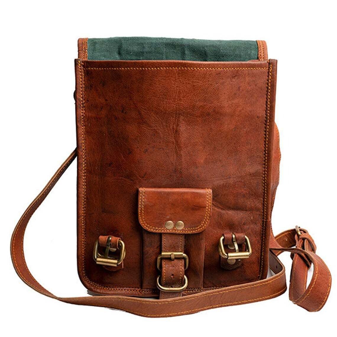 IndiFash - 9*11″ front pocket Handcrafted Canvas+ Goat Leather Sling Bag | 100% Genuine Leather thumbnail 5