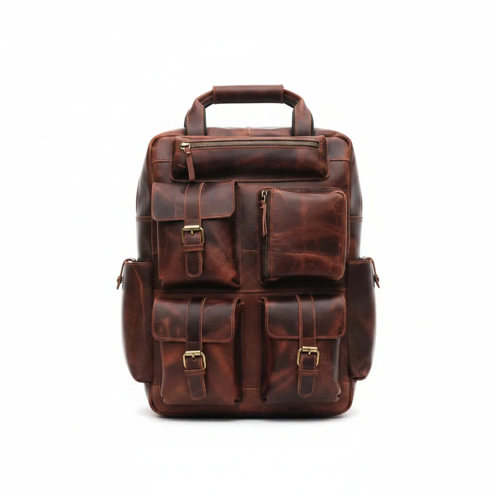 Cherry Brown Leather Travel Backpack