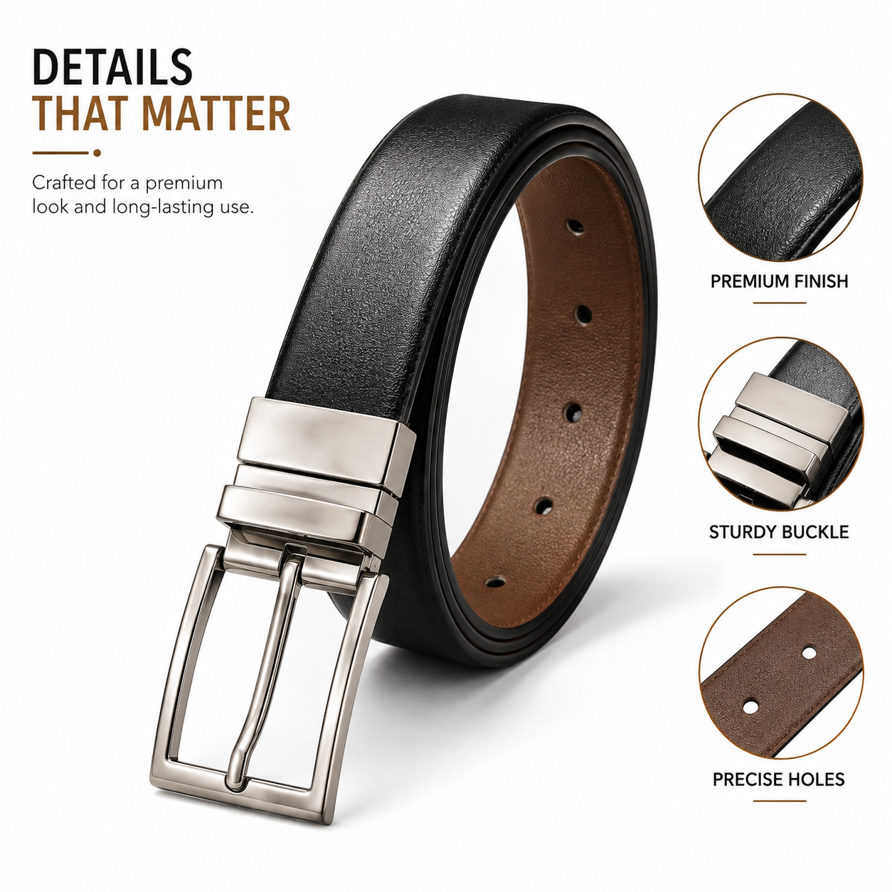 Classic Formal Reversible Leather Belt - Black & Brown thumbnail 65