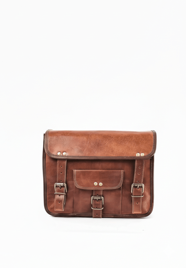 IndiFash - 13 Inch Single Pocket Double Strip Handcrafted Satchel Goat Leather Bag | 100% Genuine Leather