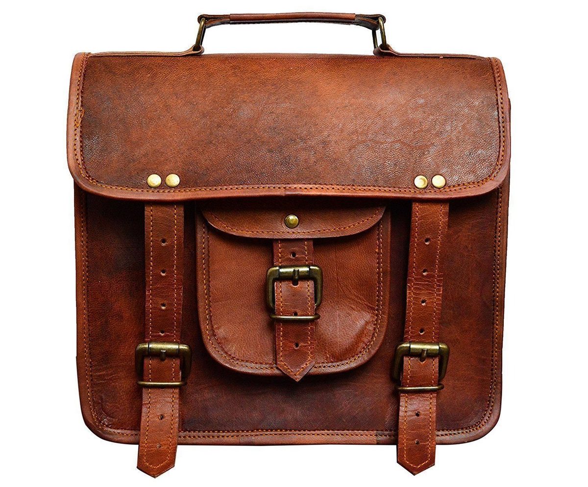 IndiFash - 13 Inch Single Pocket Double Strip Handcrafted Satchel Goat Leather Bag | 100% Genuine Leather