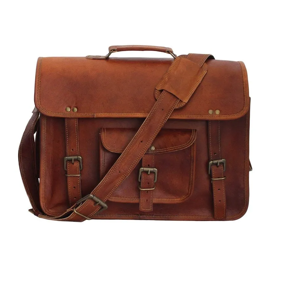 IndiFash - 13 Inch Single Pocket Double Strip Handcrafted Satchel Goat Leather Bag | 100% Genuine Leather