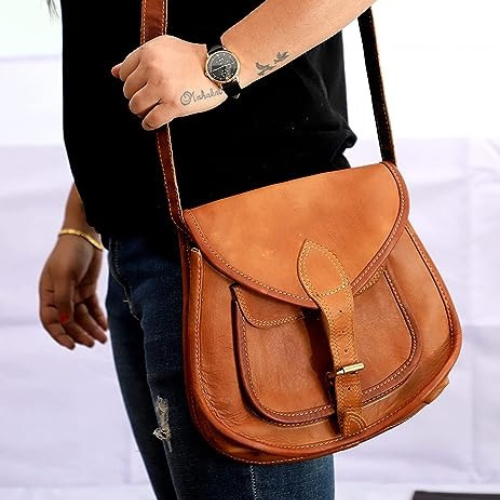 IndiFash - 9*11 Inch Crossbody Handcrafted Small goat Leather Unisex Sling Bag | 100% Genuine Leather thumbnail 2