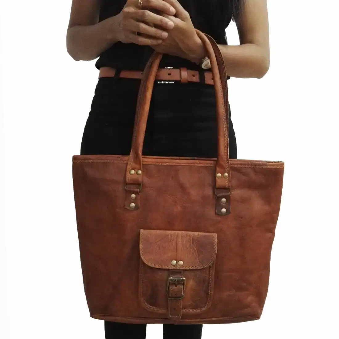 IndiFash - 16 inch Handcrafted Leather Women’s with pocket Tote Bag | 100% Genuine Leather