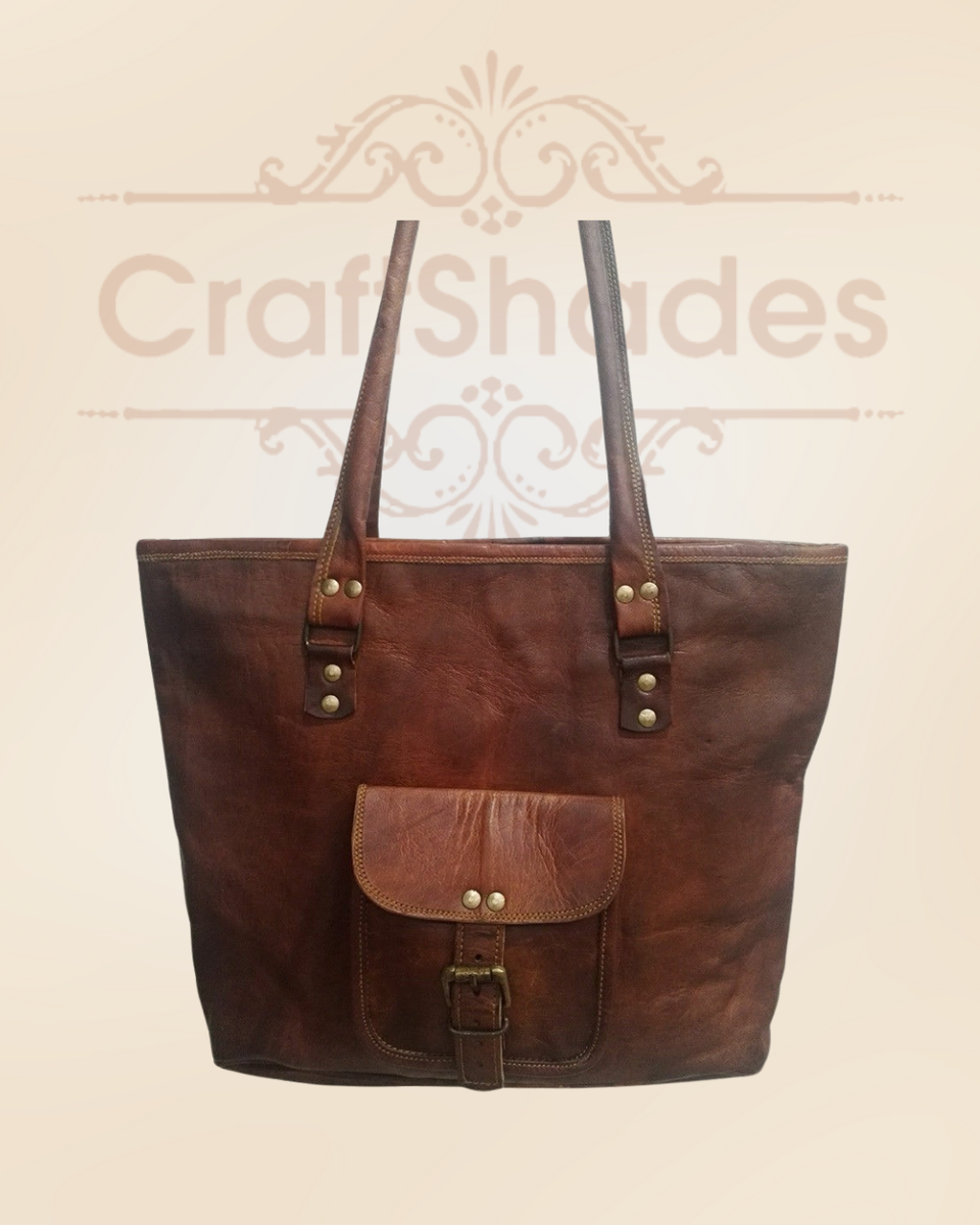 IndiFash - 16 inch Handcrafted Leather Women’s with pocket Tote Bag | 100% Genuine Leather thumbnail 2