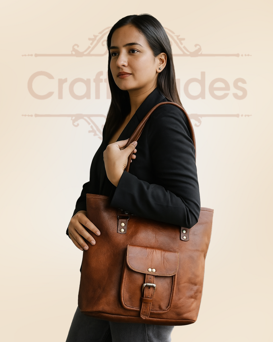 IndiFash - 16 inch Handcrafted Leather Women’s with pocket Tote Bag | 100% Genuine Leather thumbnail 3