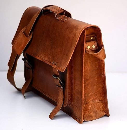 IndiFash - 18 Inch Double Strip Handcrafted Messenger Goat Leather Bag (Brown) | 100% Genuine Leather