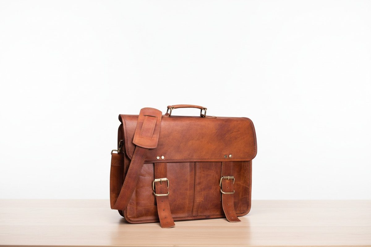 IndiFash - 15 Inch Double Strip Handcrafted Messenger Goat Leather Bag (Brown) | 100% Genuine Leather