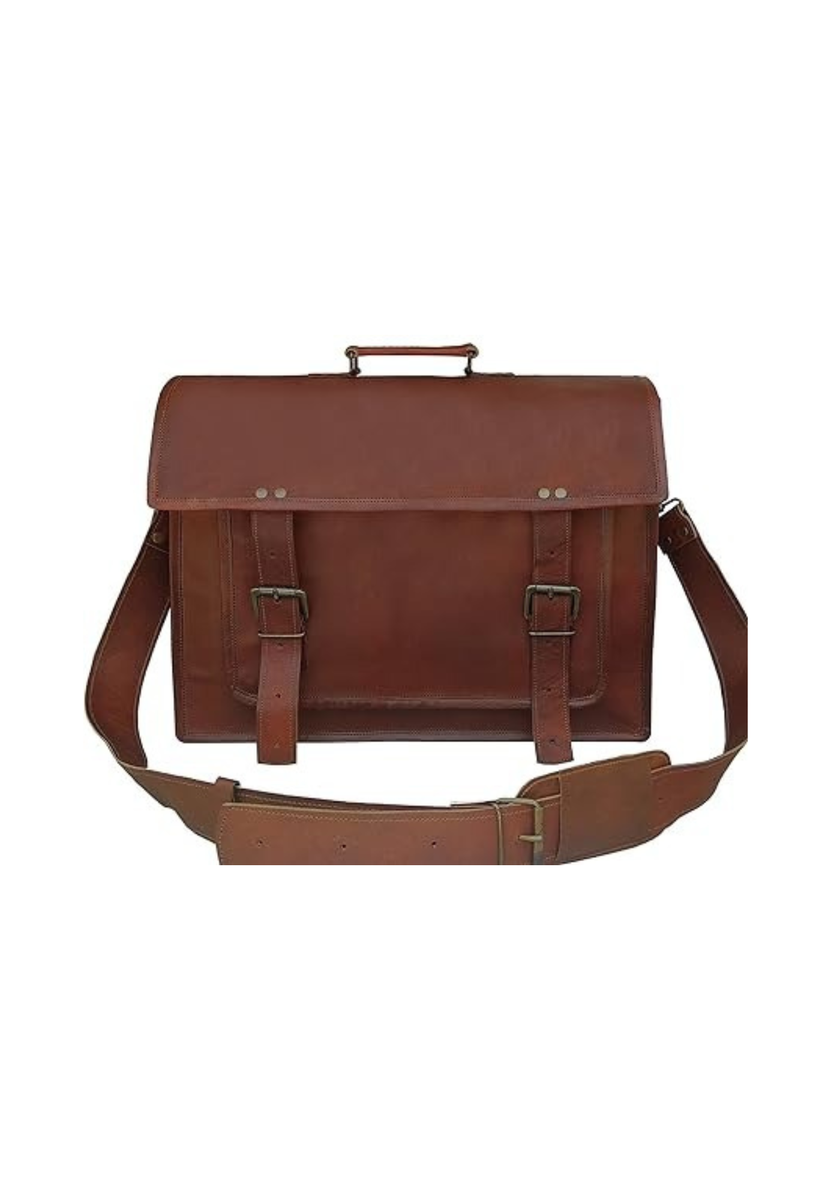 IndiFash - 11*15 Inch | Double Strip Handcrafted Messenger goat Leather Bag (Brown) | 100% Genuine Leather
