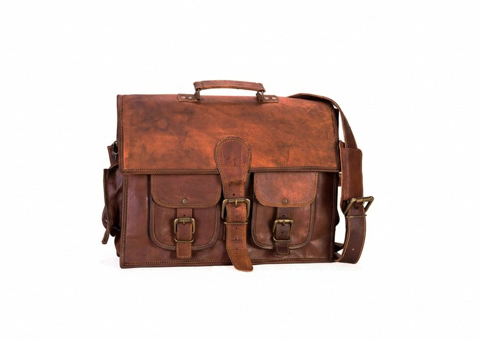 IndiFash - 15 Inch Double Pocket Handcrafted Vintage Messenger Goat Leather Bag For Men | 100% Genuine Leather