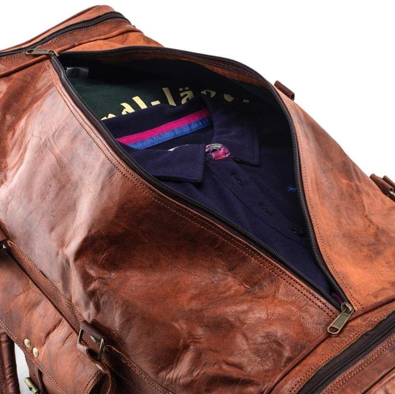 IndiFash - 22 Inch 3 Compartments (Expandable) Handcrafted Duffle Goat Leather Bag (Brown) | 100% Genuine Leather thumbnail 2