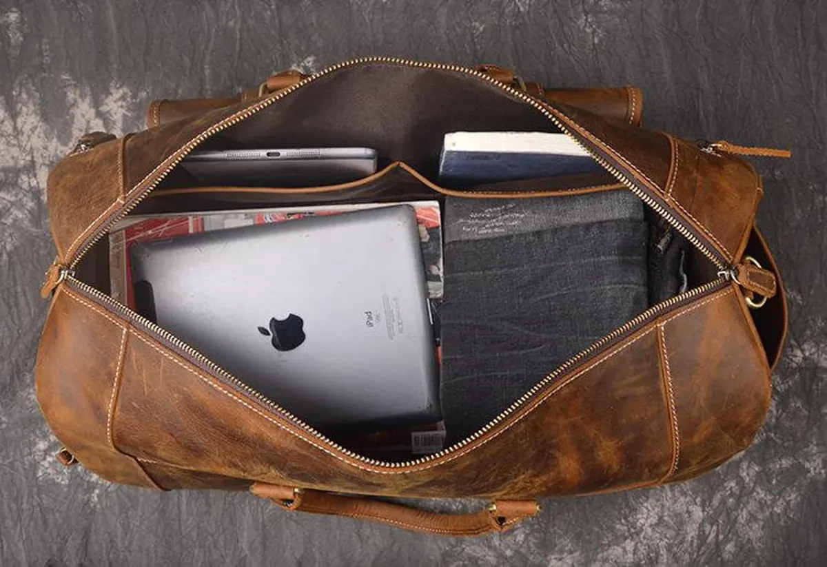 IndiFash - 22 Inch 3 Compartments (Expandable) Handcrafted Duffle Goat Leather Bag (Brown) | 100% Genuine Leather thumbnail 5