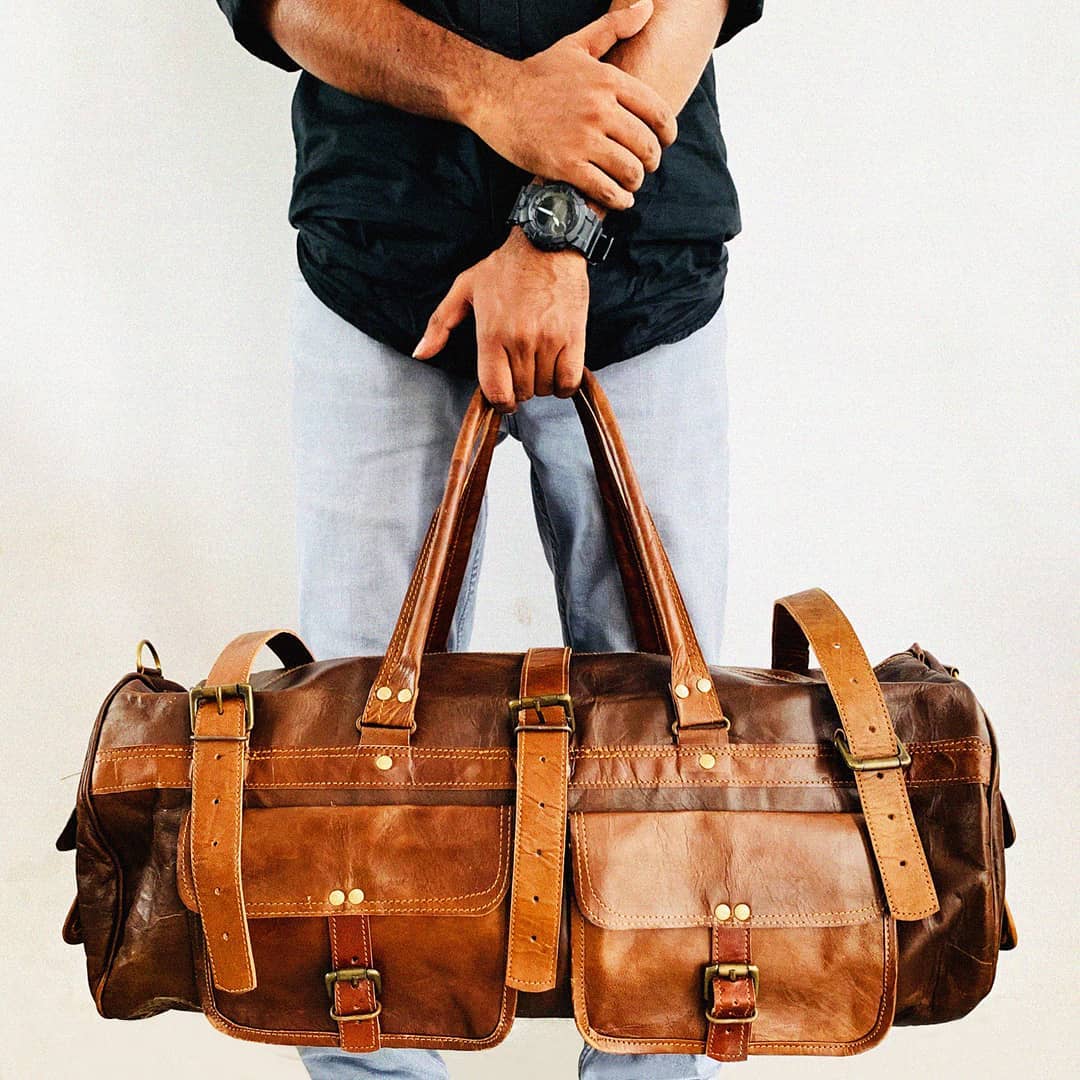 IndiFash - 3 Outer Pockets 24″ (Expandable) Edge Handcrafted Duffle Goat Leather Bag