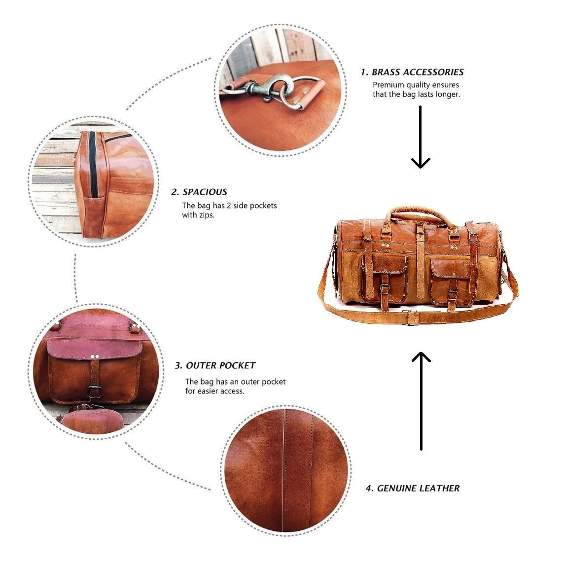 IndiFash - 3 Outer Pockets 24″ (Expandable) Edge Handcrafted Duffle Goat Leather Bag thumbnail 2