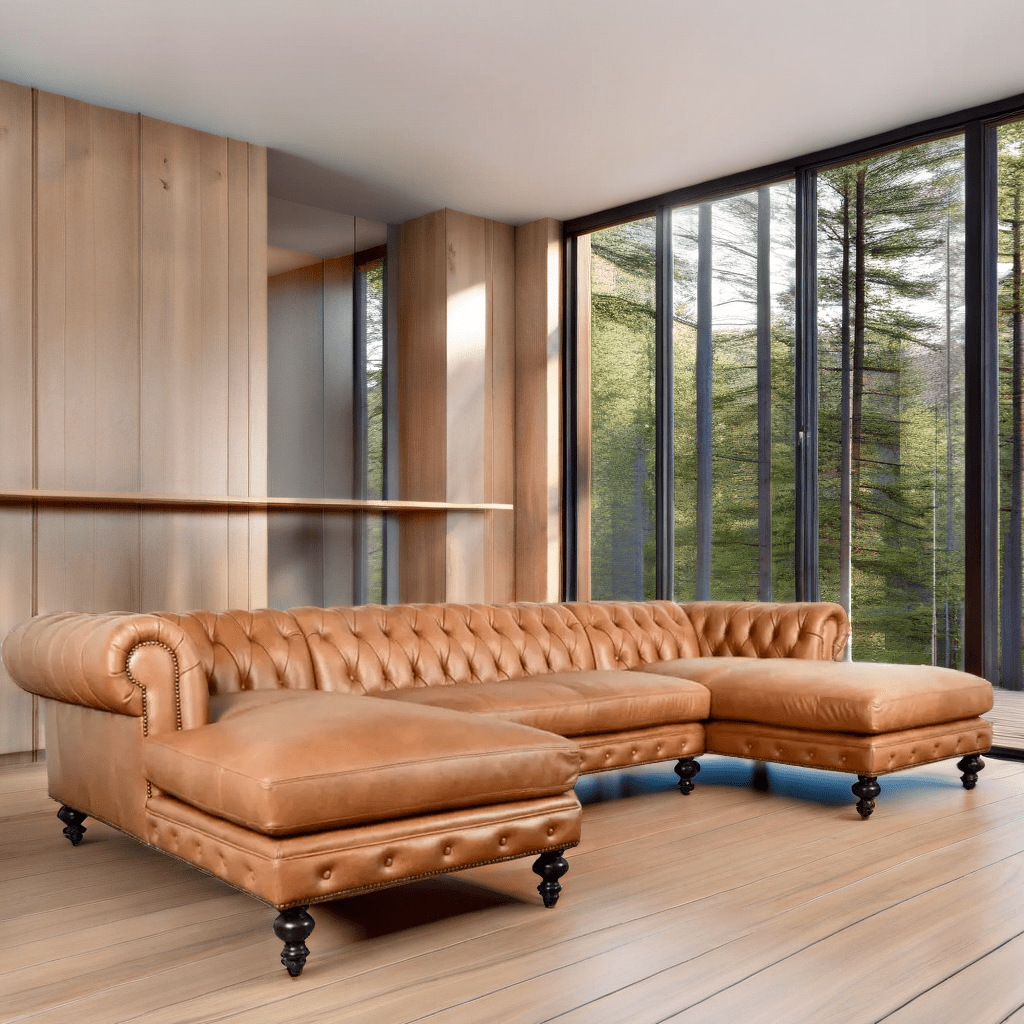 IndiFash Caramel Leather L shape Chesterfield sofa thumbnail 4