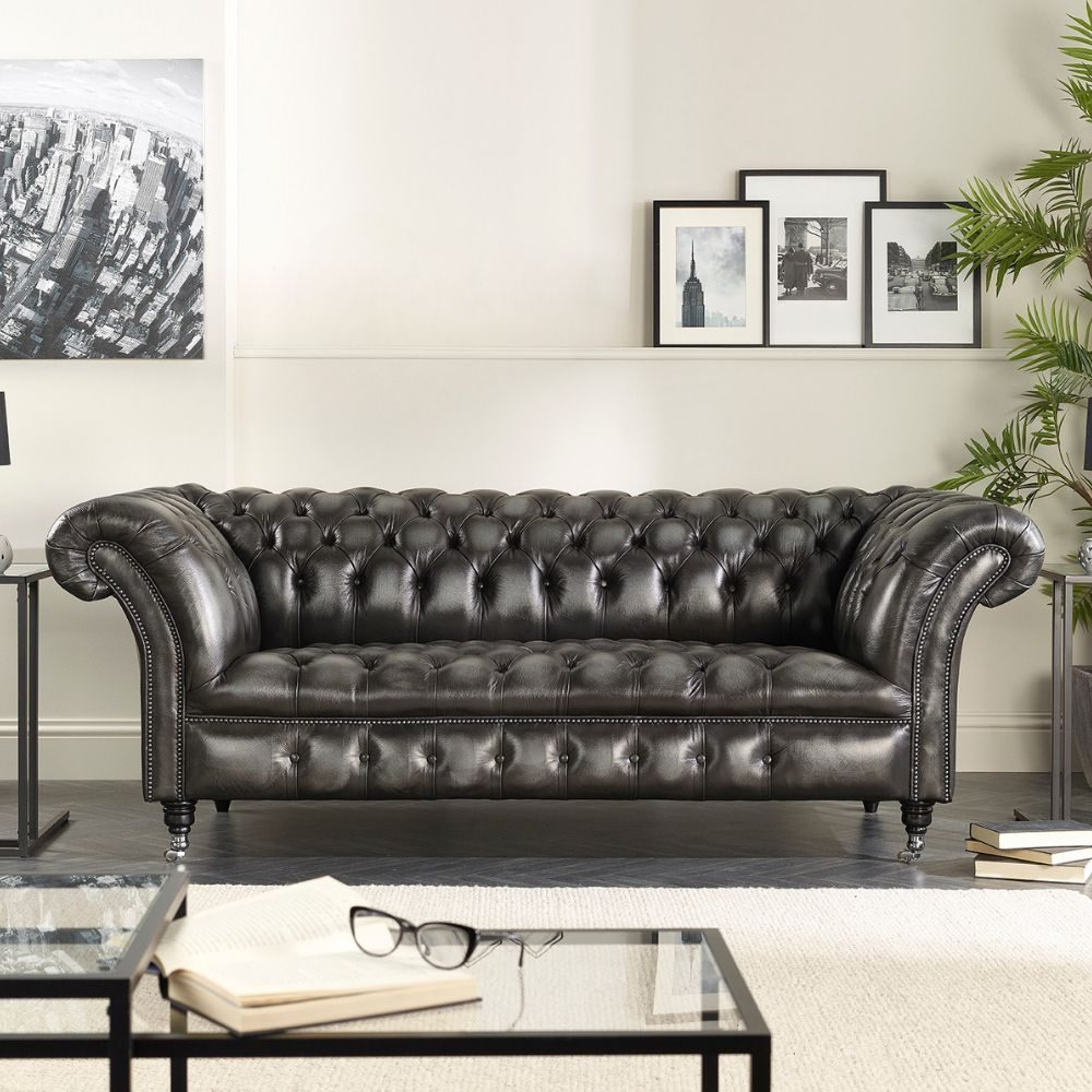 IndiFash Charcoal Black three seater Chesterfield sofa