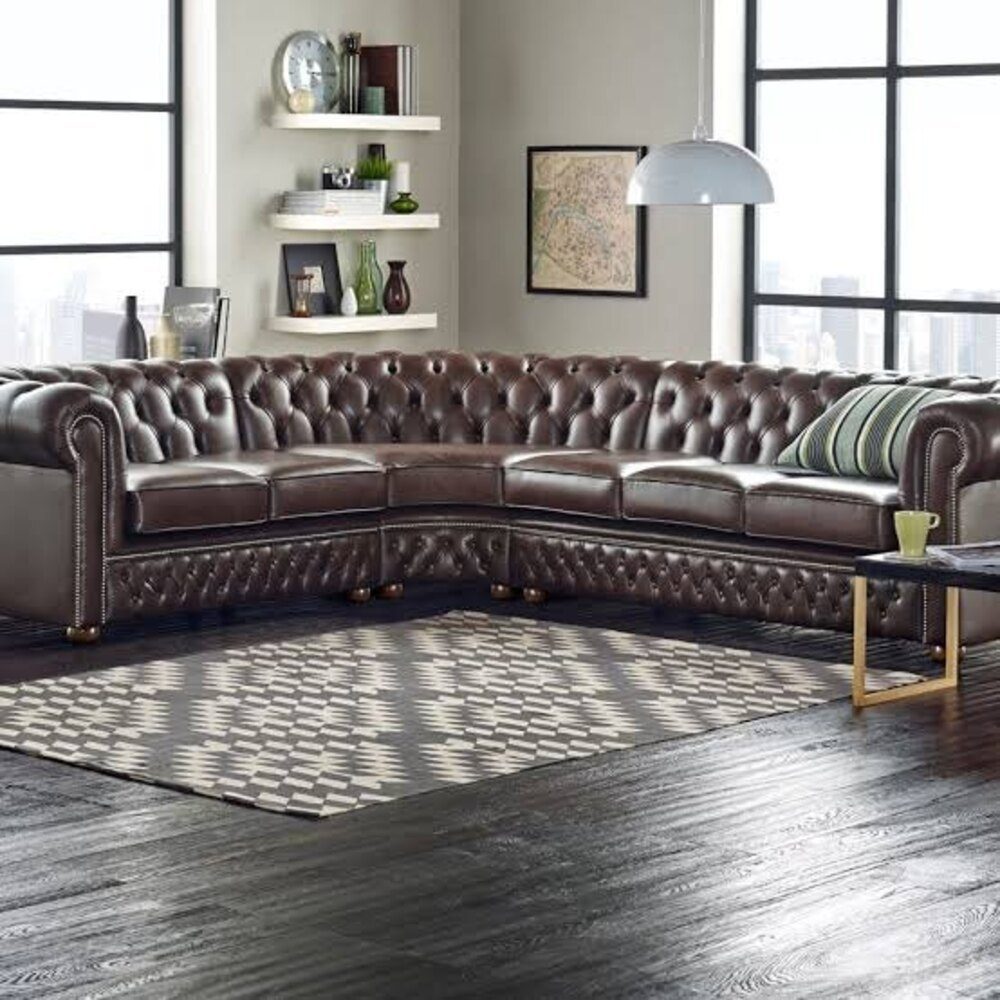 IndiFash Chocolate Brown L shape Chesterfield Sofa