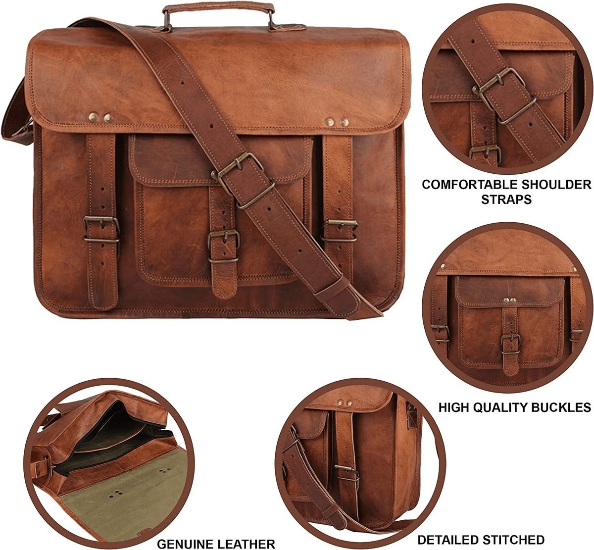 IndiFash - 15 Inch | Classic Handcrafted Goat Leather Laptop Bag | 100% Genuine Leather thumbnail 2