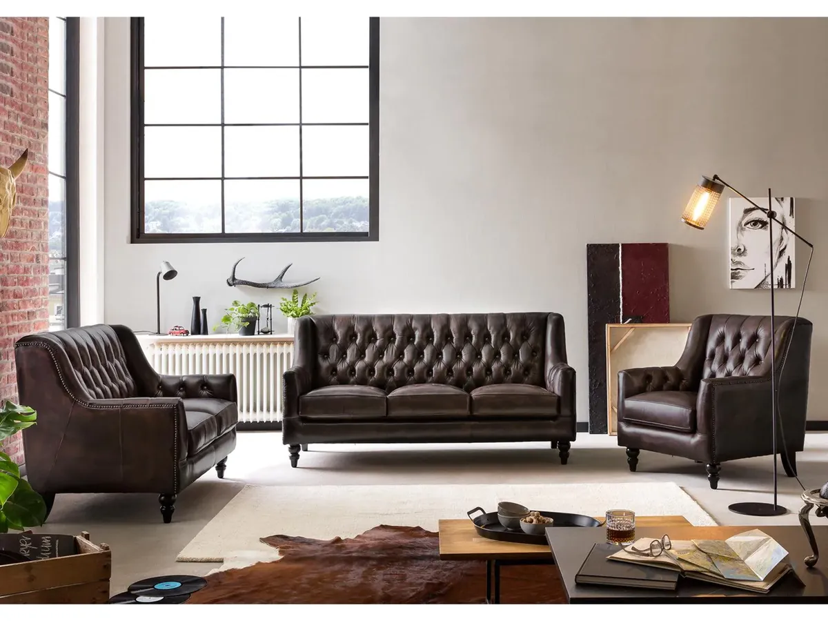 IndiFash Colonial Brown Chesterfield Set of 3 Sofas