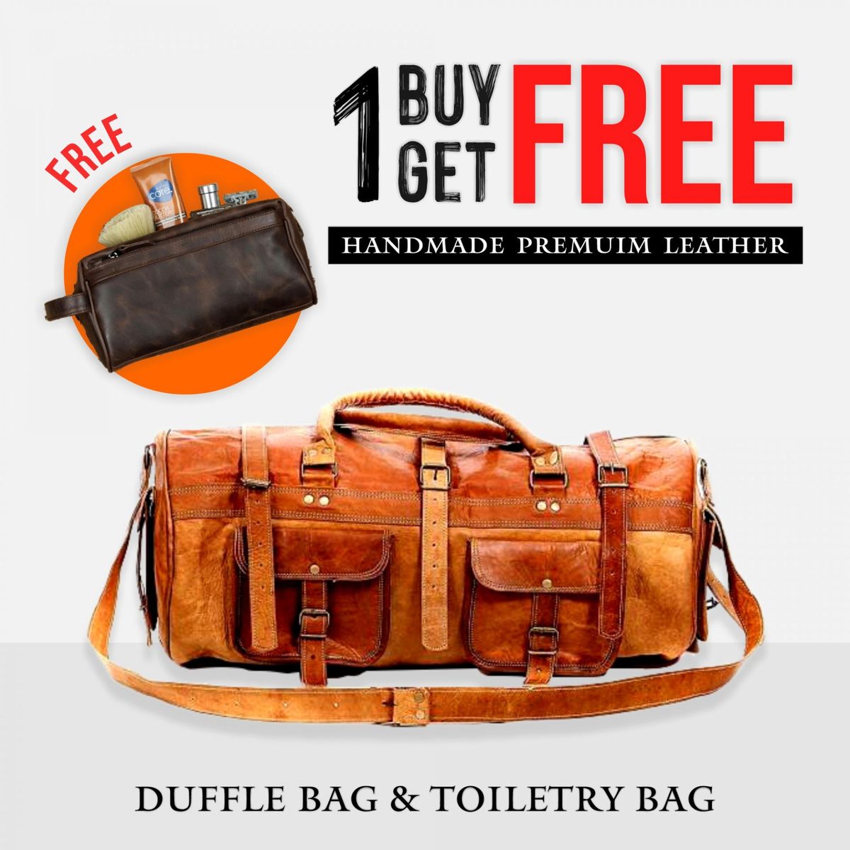 IndiFash Combo - 3 Outer Pockets 24″ Edge Handcrafted Duffle Leather Bag & Toiletry Bag