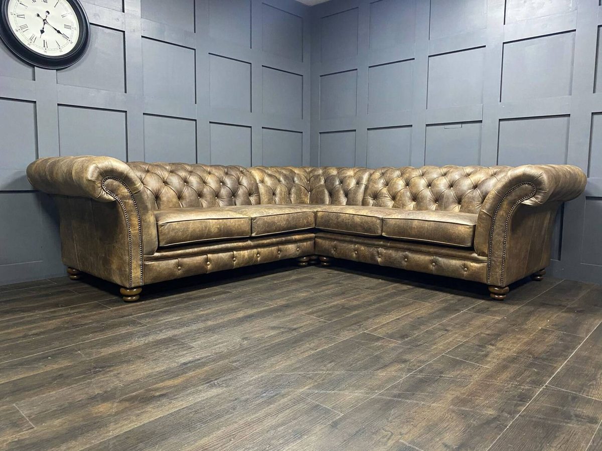 IndiFash Distressed Brown L shape Chesterfield Sofa thumbnail 2