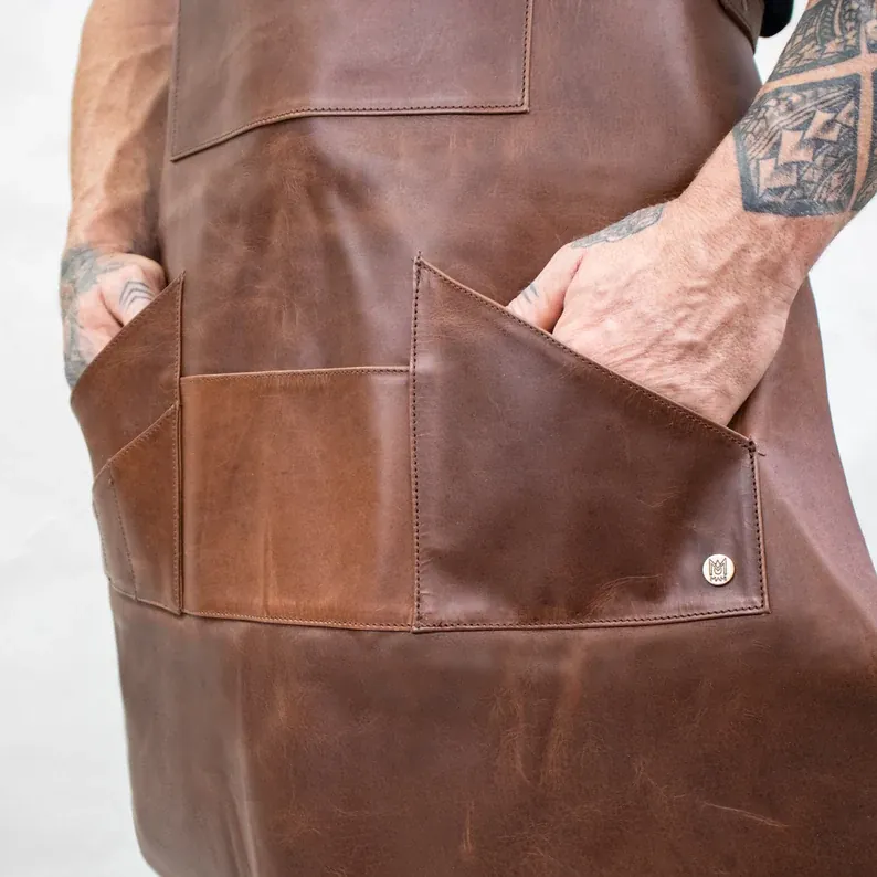IndiFash Distressed Multi-Pocket Leather Apron - Brown Full Grain Leather - Butchers Apron For Hobbyists Woodwork Blacksmith with Pockets by IndiFash thumbnail 4