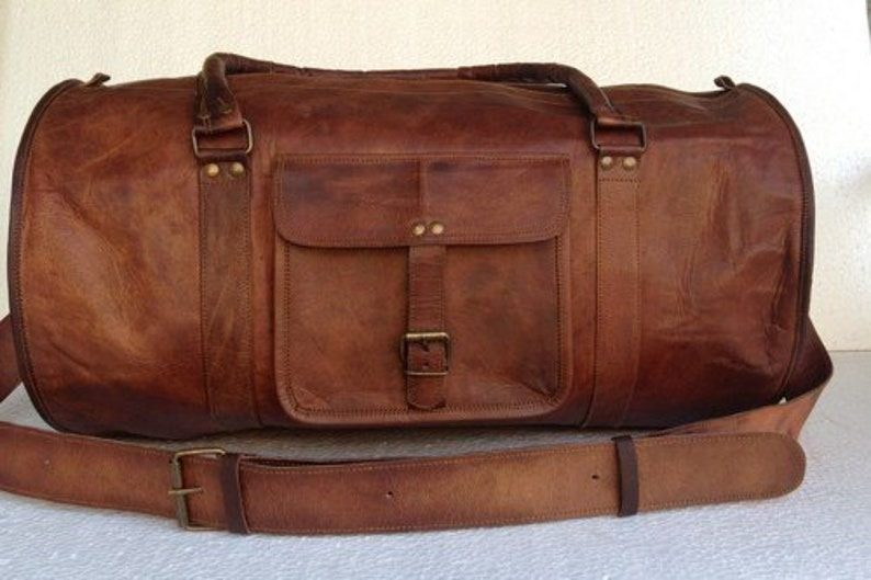 IndiFash - 20 Inch Handcrafted Curved Duffle Goat Leather Bag | 100 Genuine Leather thumbnail 2