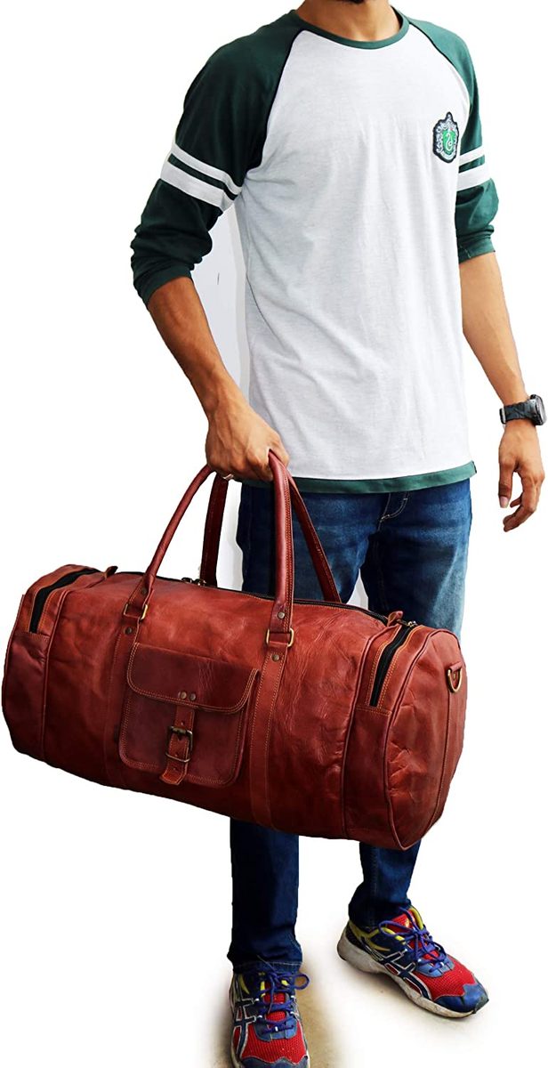IndiFash - 24 Inch Handcrafted 26″ Curved Duffle goat Leather Bag | 100 Genuine Leather thumbnail 4
