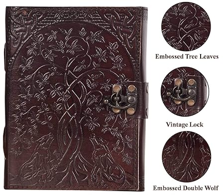 IndiFash- Handmade Leather Diary Embossed with star, journey & double wolf Diary with Antique Lock for Artist Sketchbook, Scrapbook, Drawing, Writing etc .Size 5 * 7 inch (DOUBLE WOLF) thumbnail 4
