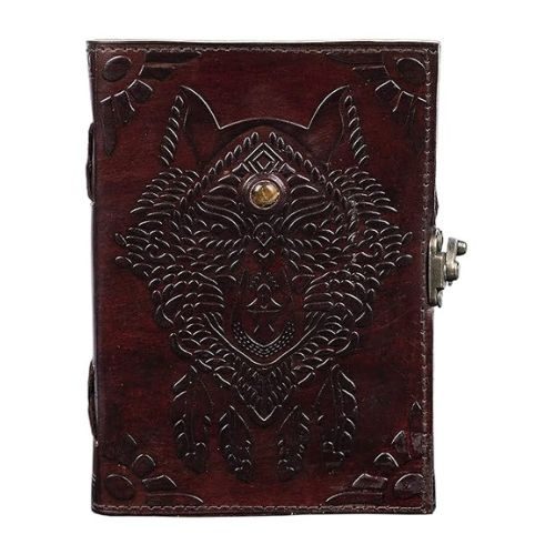 IndiFash- Handmade Leather Diary Embossed with star, journey & double wolf Diary with Antique Lock for Artist Sketchbook, Scrapbook, Drawing, Writing etc .Size 5 * 7 inch (WOLF WITH STONE)