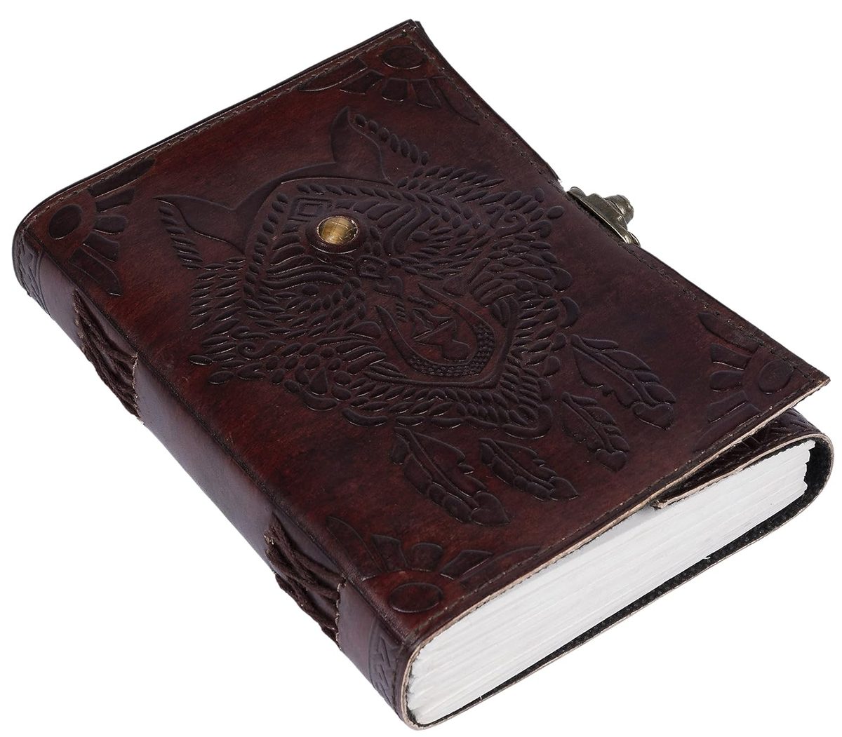 IndiFash- Handmade Leather Diary Embossed with star, journey & double wolf Diary with Antique Lock for Artist Sketchbook, Scrapbook, Drawing, Writing etc .Size 5 * 7 inch (WOLF WITH STONE) thumbnail 2
