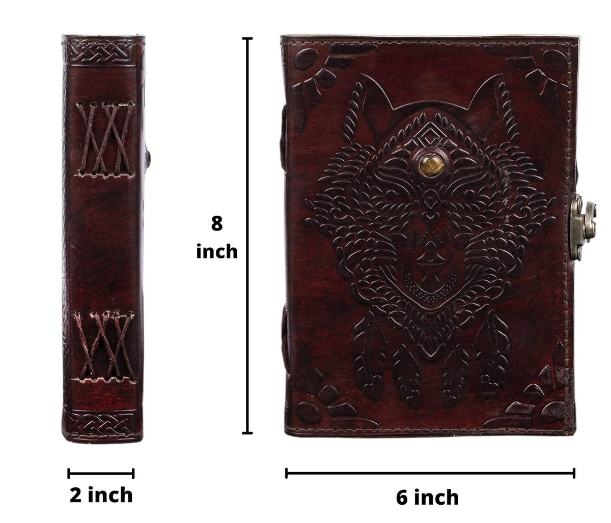 IndiFash- Handmade Leather Diary Embossed with star, journey & double wolf Diary with Antique Lock for Artist Sketchbook, Scrapbook, Drawing, Writing etc .Size 5 * 7 inch (WOLF WITH STONE) thumbnail 4